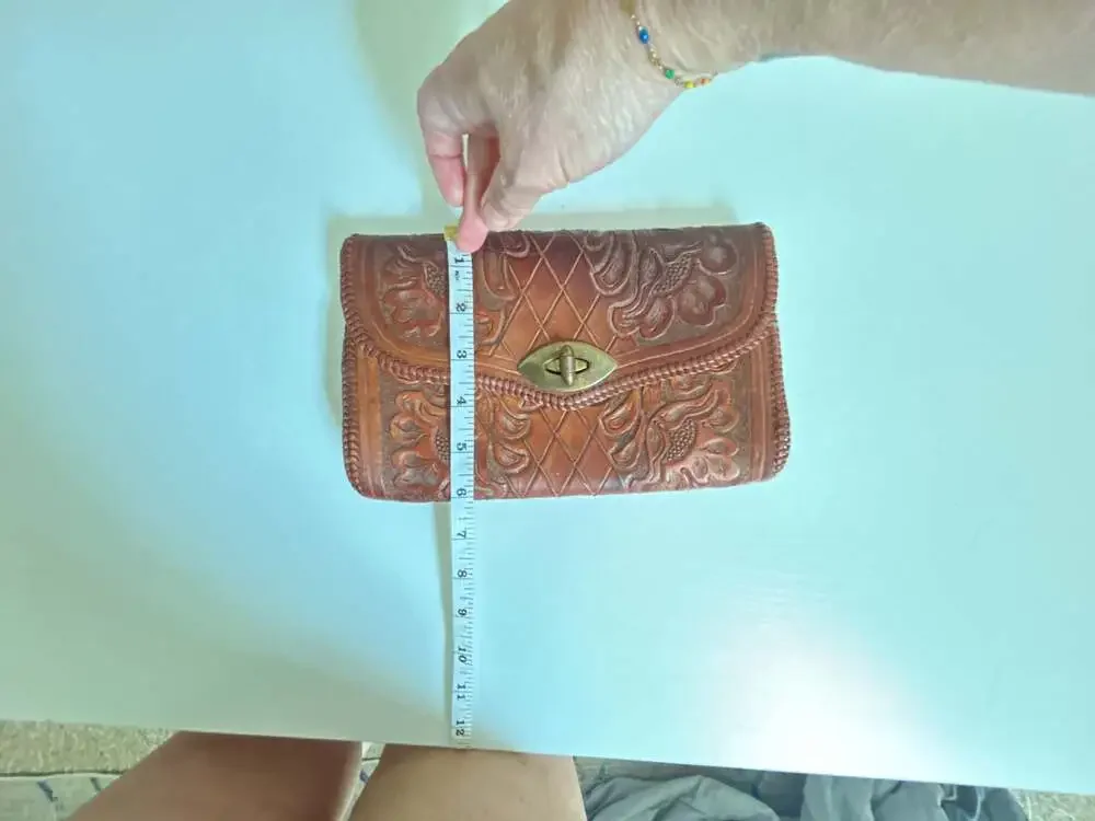 Vintage Hand-Tooled Floral Leather Clutch Purse with Turn-Lock Closure